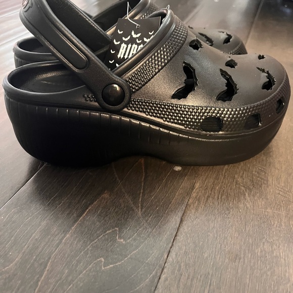 Black Clogs with Bat Design and “Trick or Treat” Heel Strap - Picture 3 of 5
